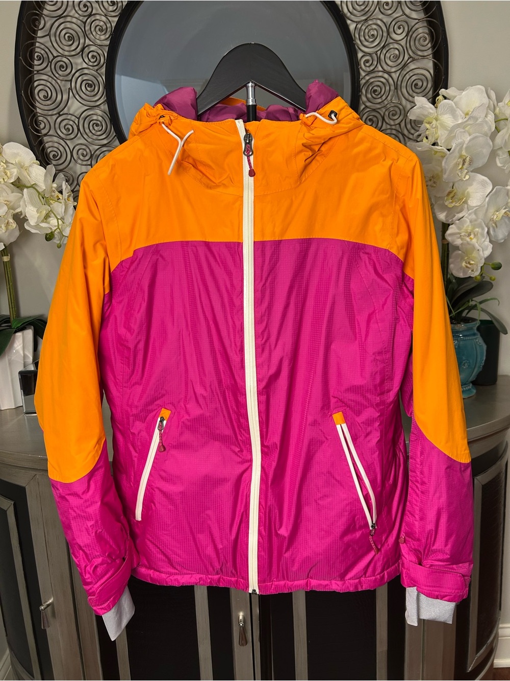 Land's End women's Colorblock ski Hooded Jacket - Pink & Orange